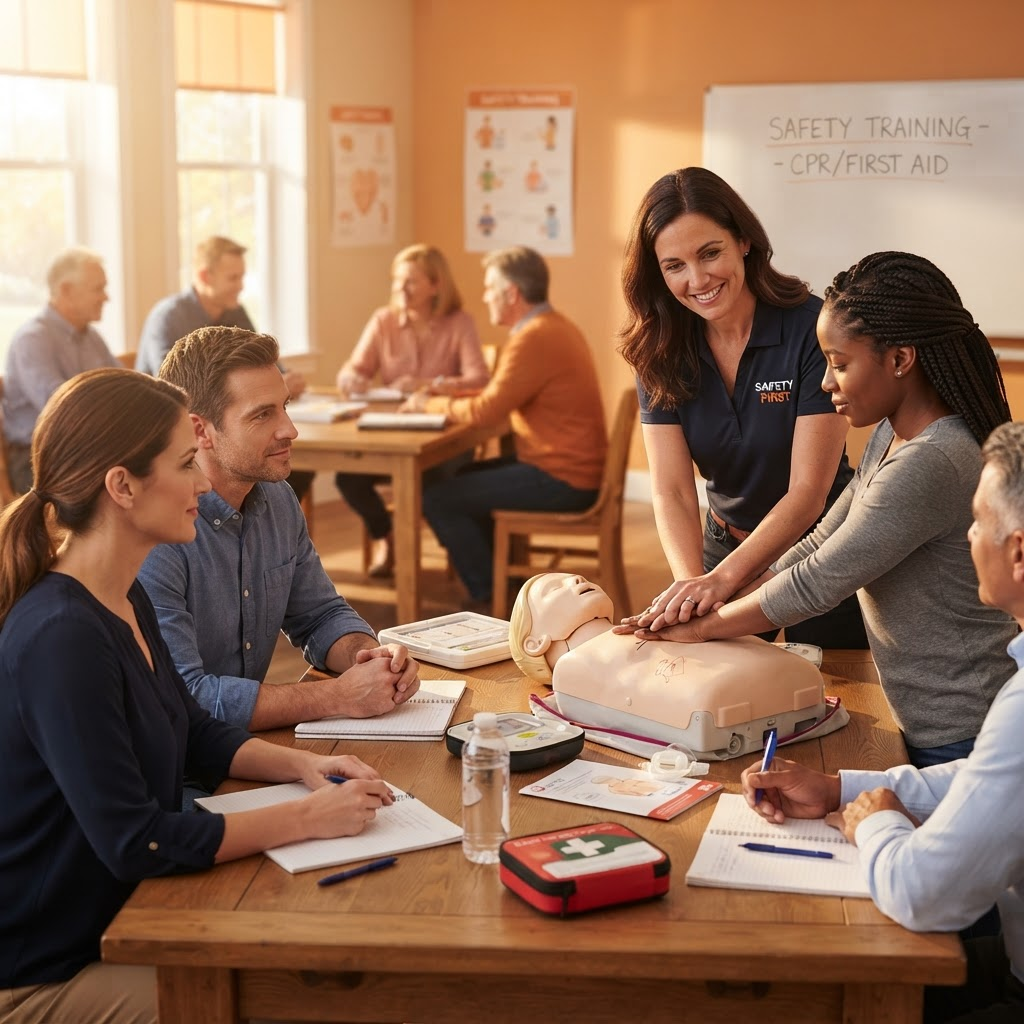 Instructor teaching a safety training class to attentive students