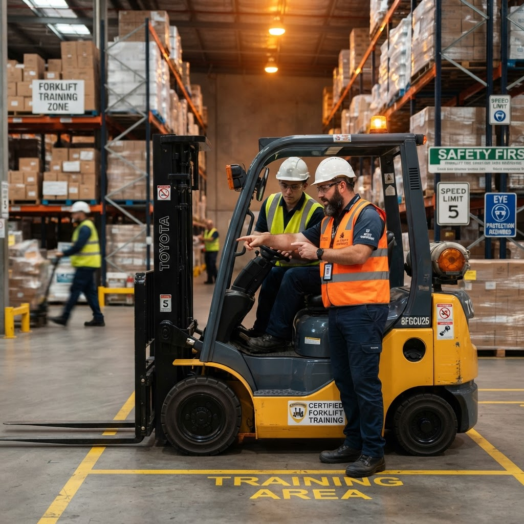 Forklift operator safety certification in a warehouse